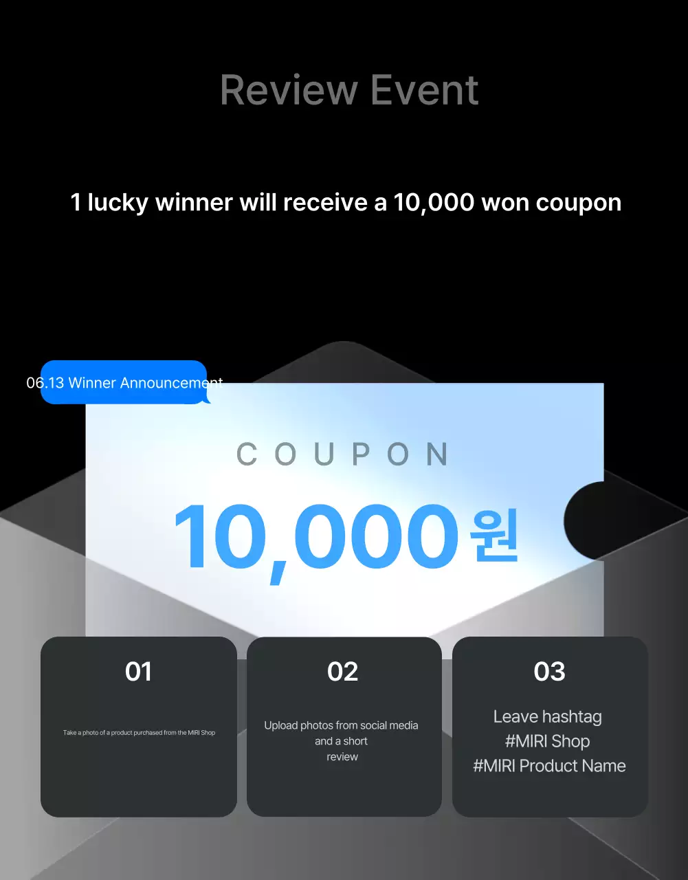 Promote reviews and photo events and review pages for a trendy fashion mall in gray and light blue.