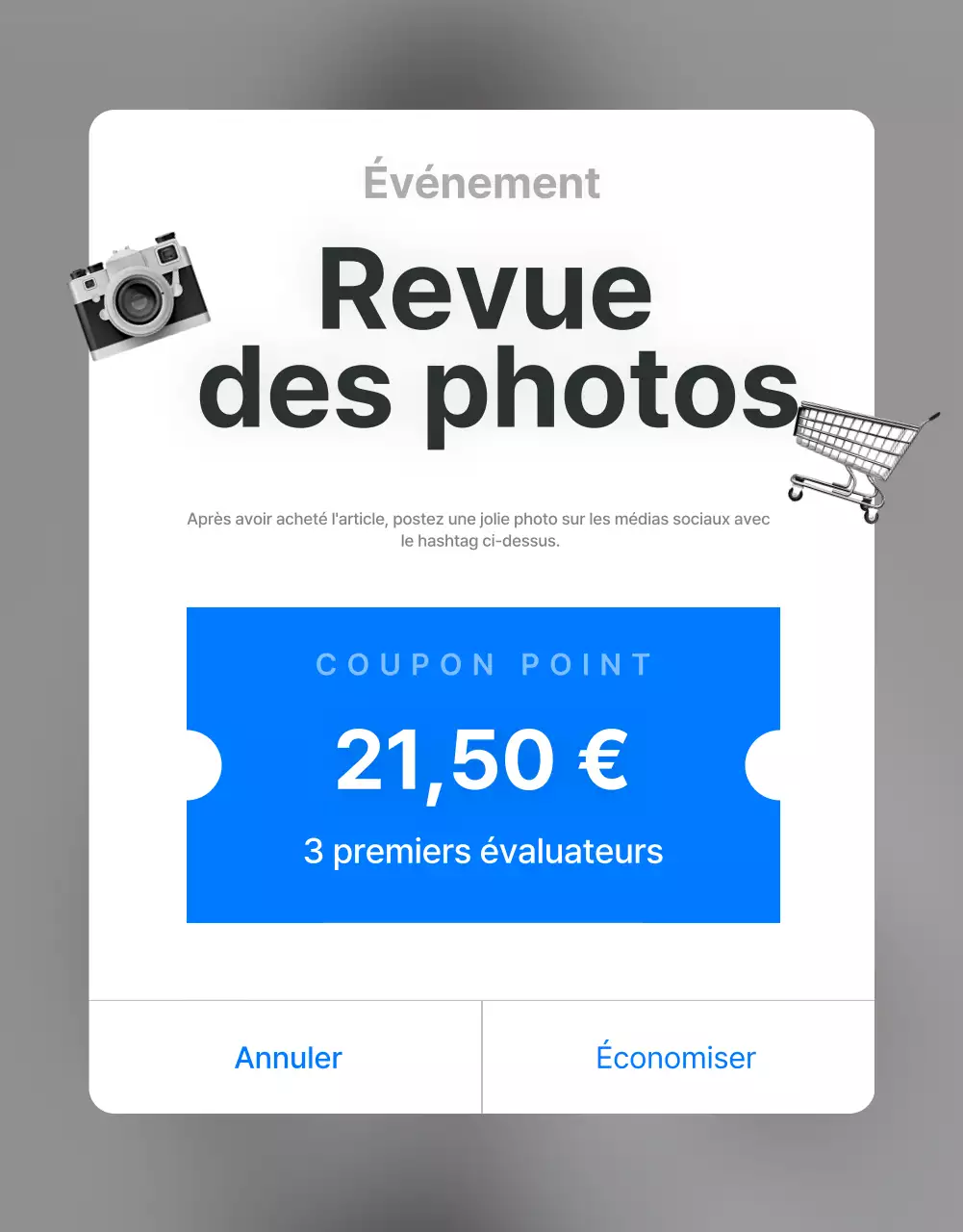 Faites la promotion des revues, des événements photo et des pages de revues dans un centre commercial branché en gris et bleu clair.