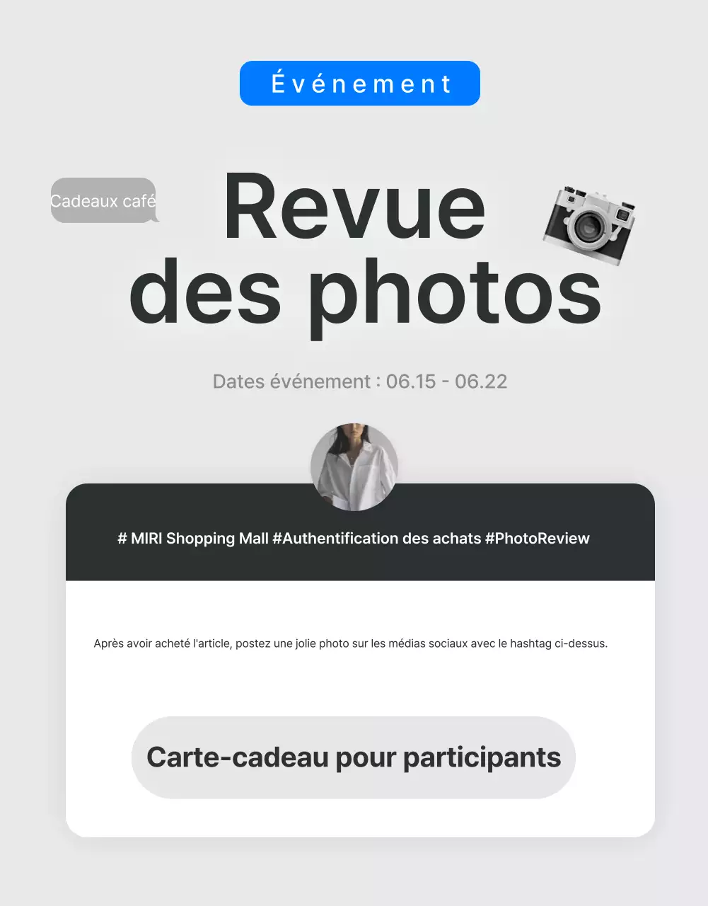Faites la promotion des revues, des événements photo et des pages de revues dans un centre commercial branché en gris et bleu clair.