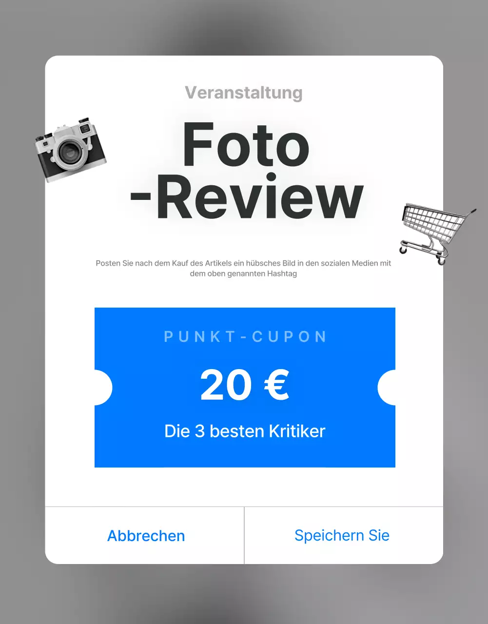 Bewerben Sie Rezensionen und Foto-Events sowie Rezensionsseiten in einem trendigen Mode-Einkaufszentrum in Grau und Hellblau.