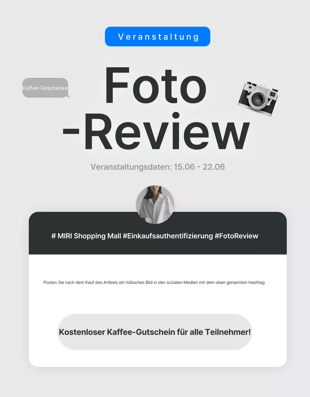 Bewerben Sie Rezensionen und Foto-Events sowie Rezensionsseiten in einem trendigen Mode-Einkaufszentrum in Grau und Hellblau.