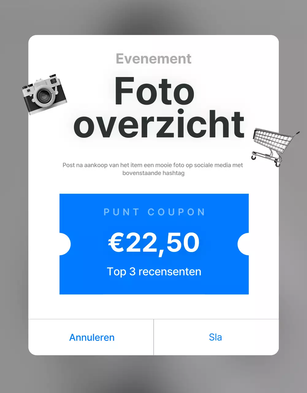 Promoot beoordelingen en foto-evenementen in een trendy fashion mall in grijs en lichtblauw.