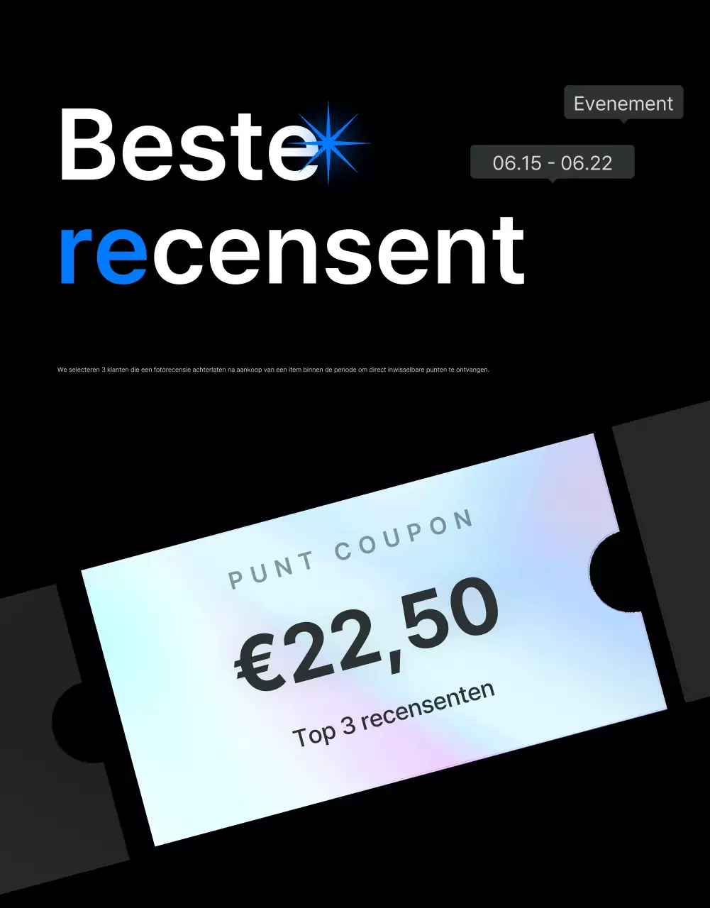 Promoot beoordelingen en foto-evenementen in een trendy fashion mall in grijs en lichtblauw.