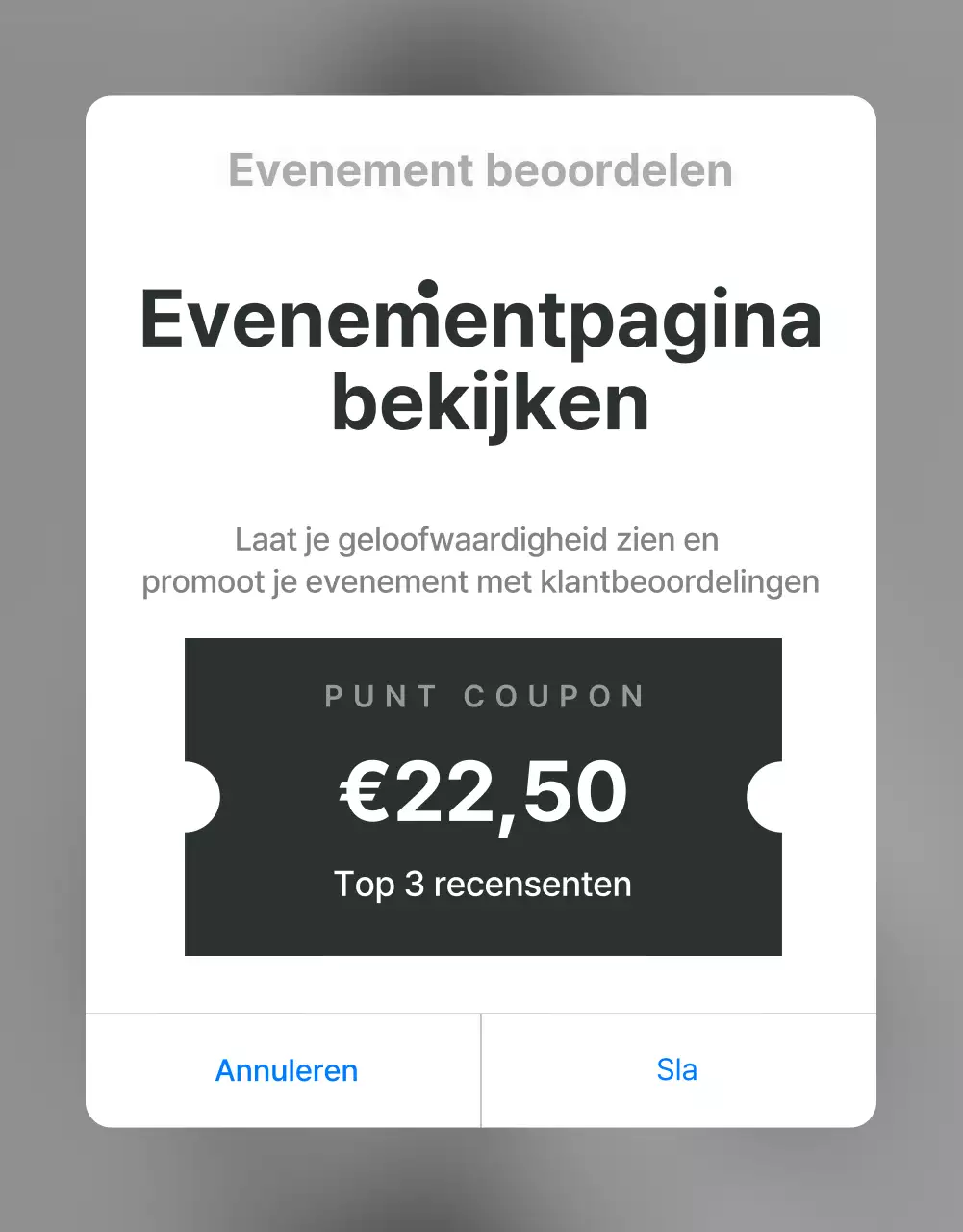 Promoot beoordelingen en foto-evenementen in een trendy fashion mall in grijs en lichtblauw.