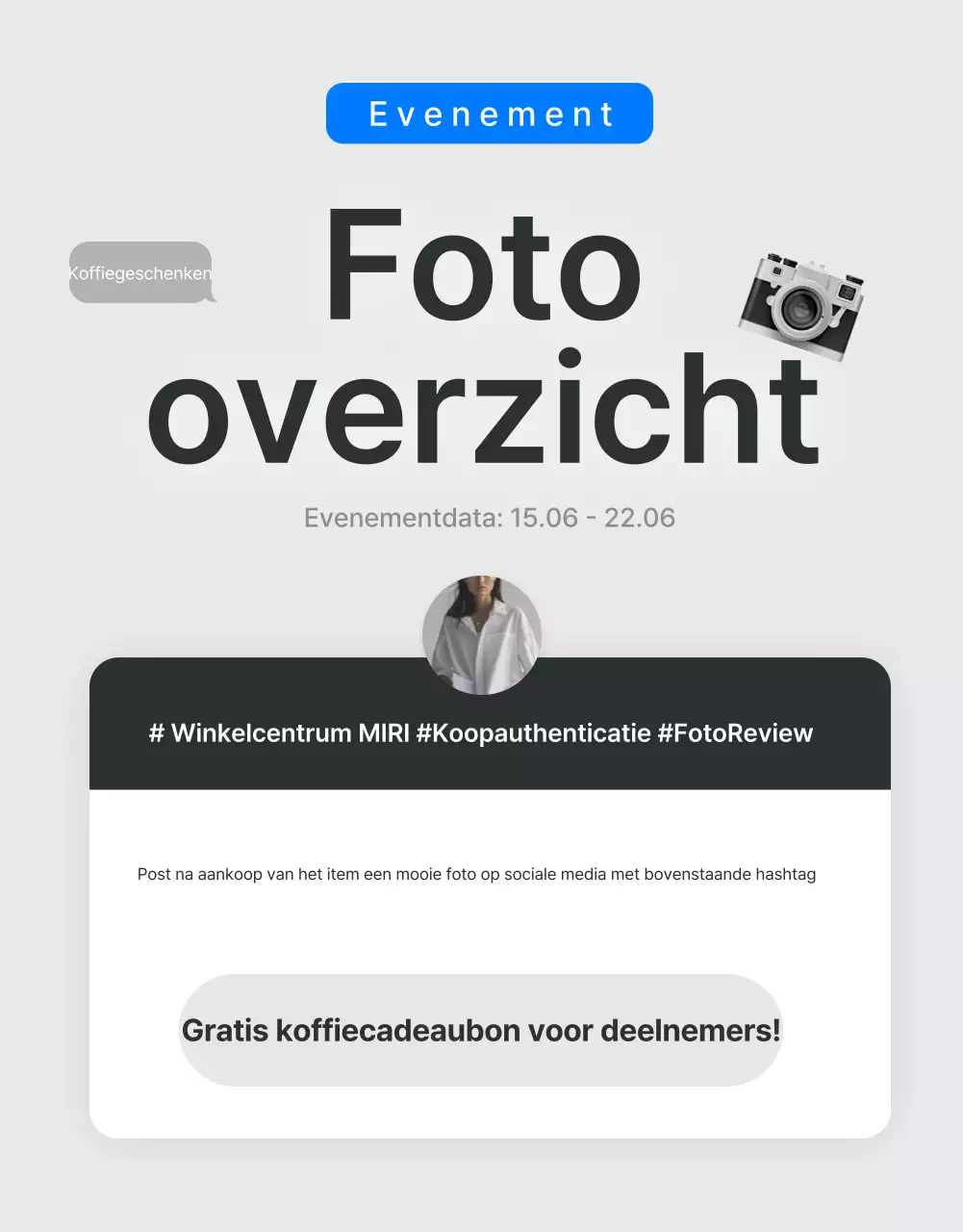 Promoot beoordelingen en foto-evenementen in een trendy fashion mall in grijs en lichtblauw.