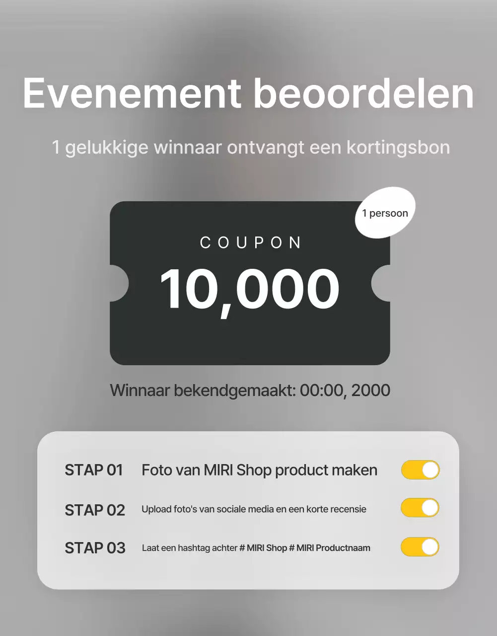 Promoot beoordelingen en foto-evenementen in een trendy fashion mall in grijs en lichtblauw.