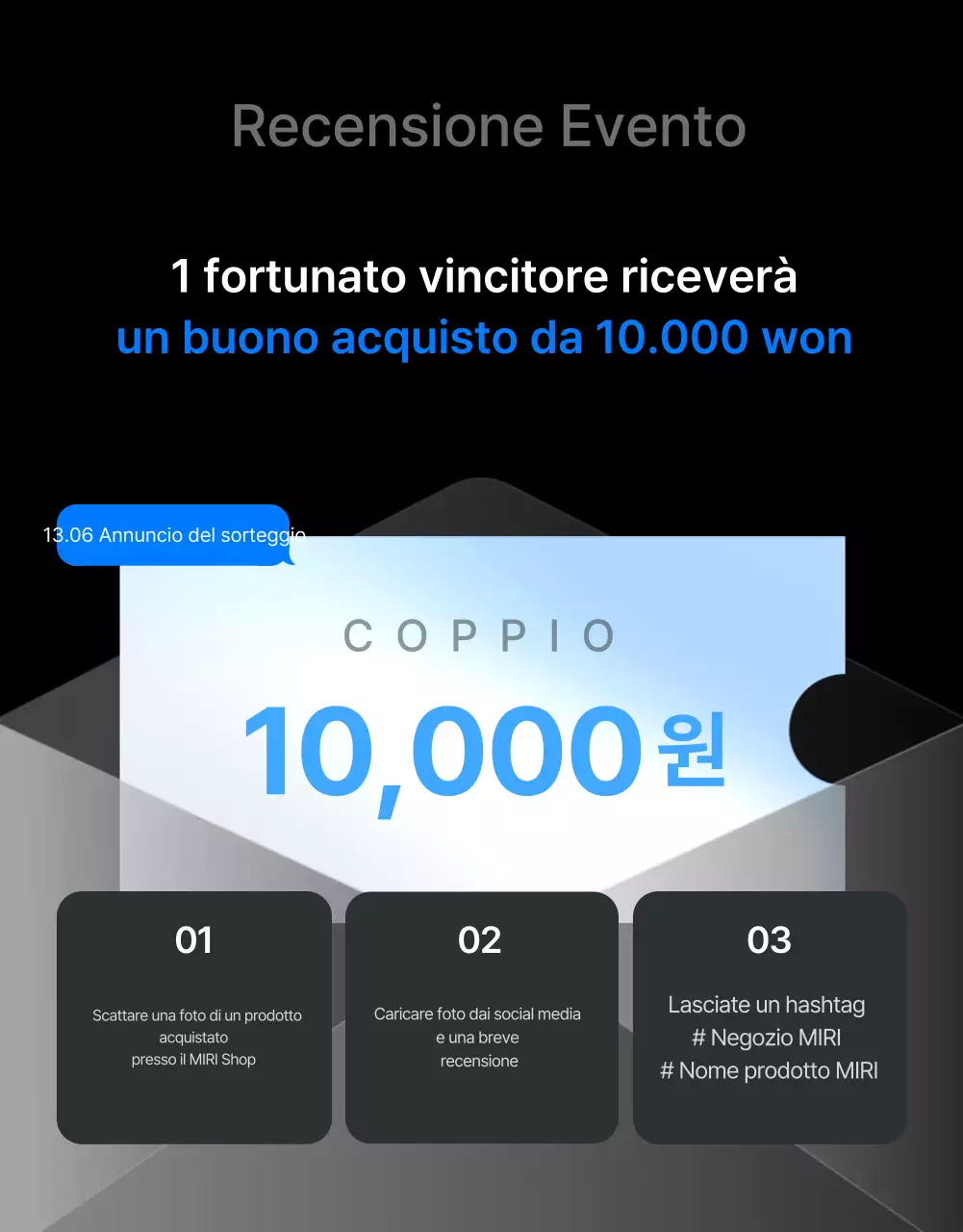 Promuovete recensioni e foto di eventi e pagine di recensioni in un centro commerciale alla moda di tendenza in grigio e azzurro.