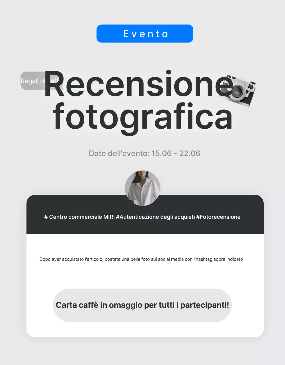 Promuovete recensioni e foto di eventi e pagine di recensioni in un centro commerciale alla moda di tendenza in grigio e azzurro.