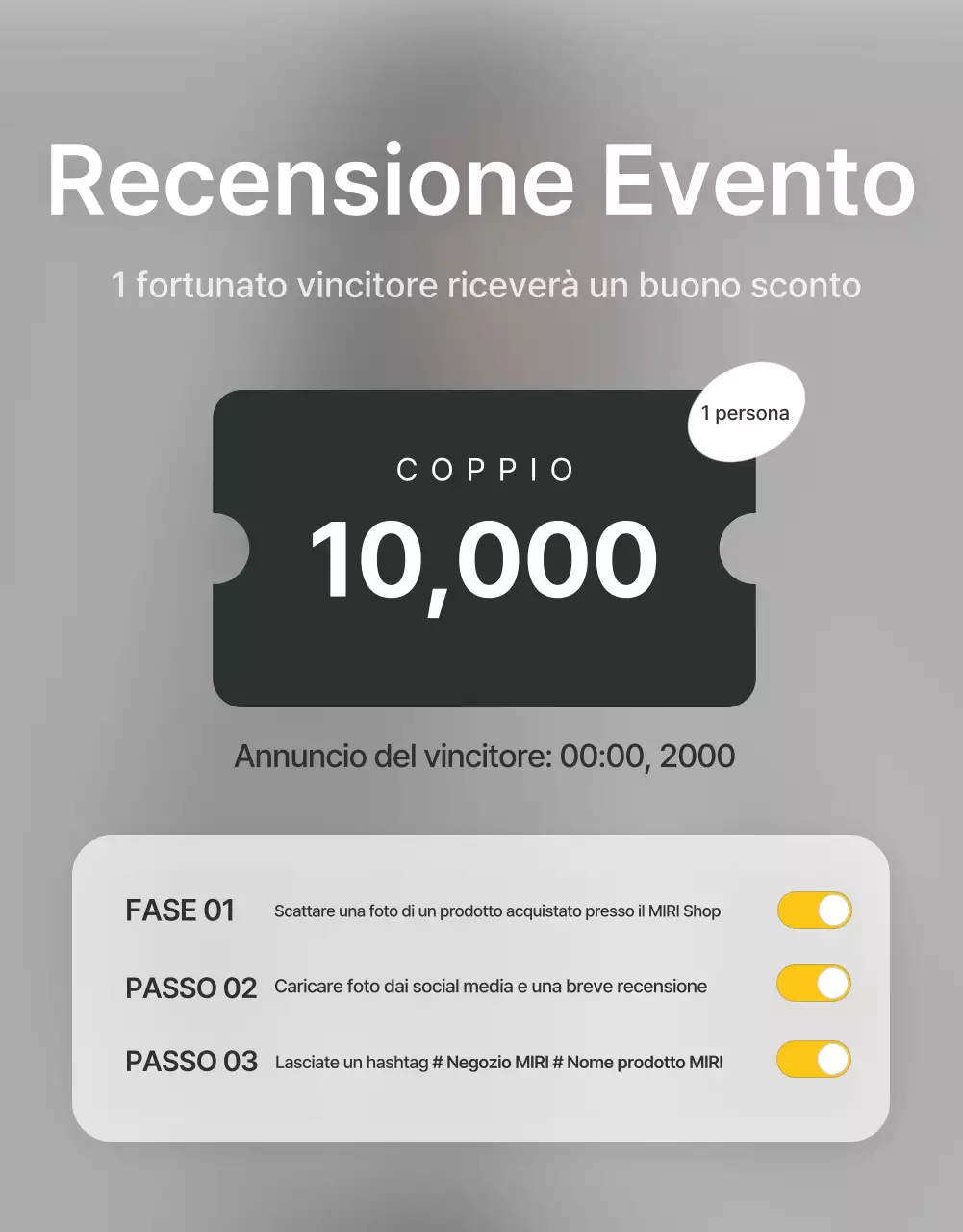 Promuovete recensioni e foto di eventi e pagine di recensioni in un centro commerciale alla moda di tendenza in grigio e azzurro.