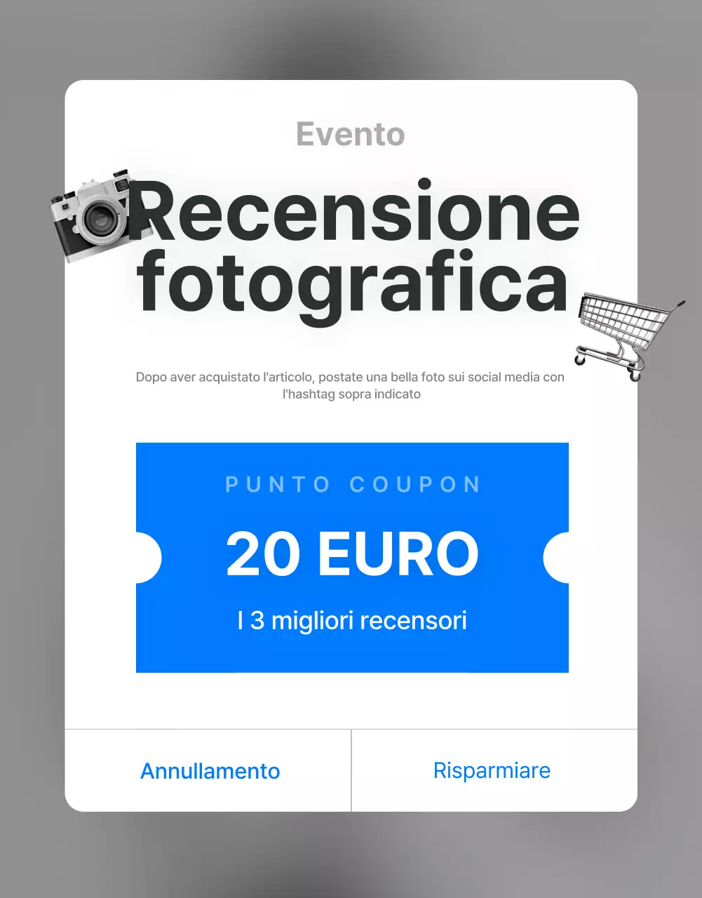 Promuovete recensioni e foto di eventi e pagine di recensioni in un centro commerciale alla moda di tendenza in grigio e azzurro.