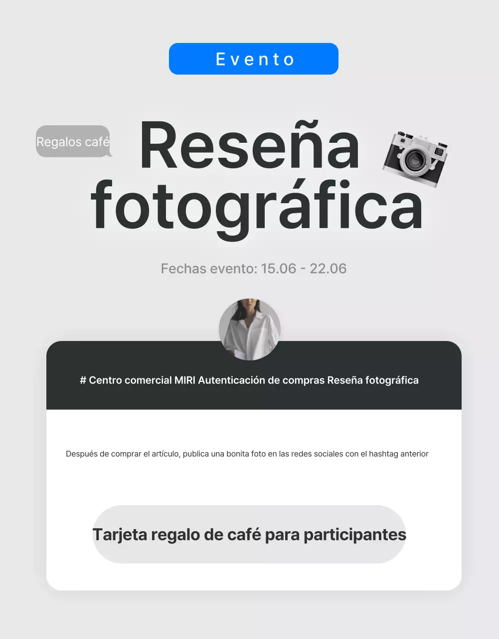 Promocione reseñas y eventos fotográficos y páginas de reseñas en un centro comercial de moda en gris y azul claro.