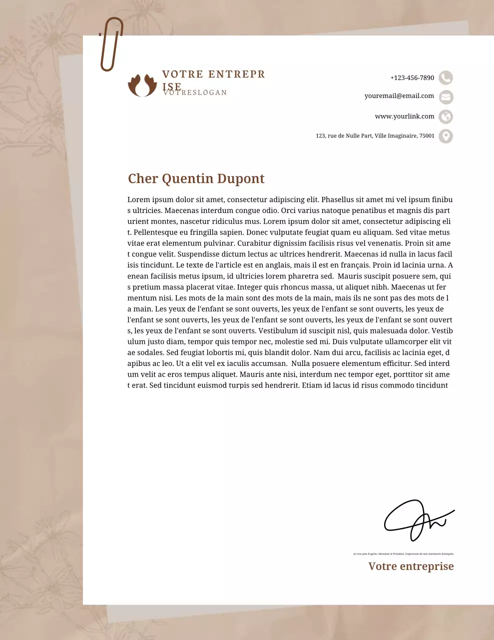 Papier à en-tête professionnel beige