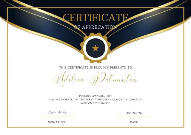 Sertifikat apresiasi modern berwarna biru tua dan emas.