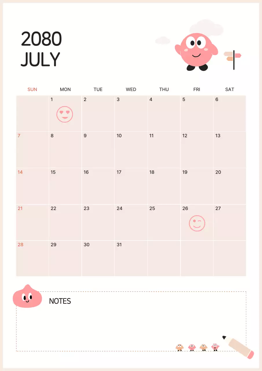 분홍색과 흰색의 귀여운 달력