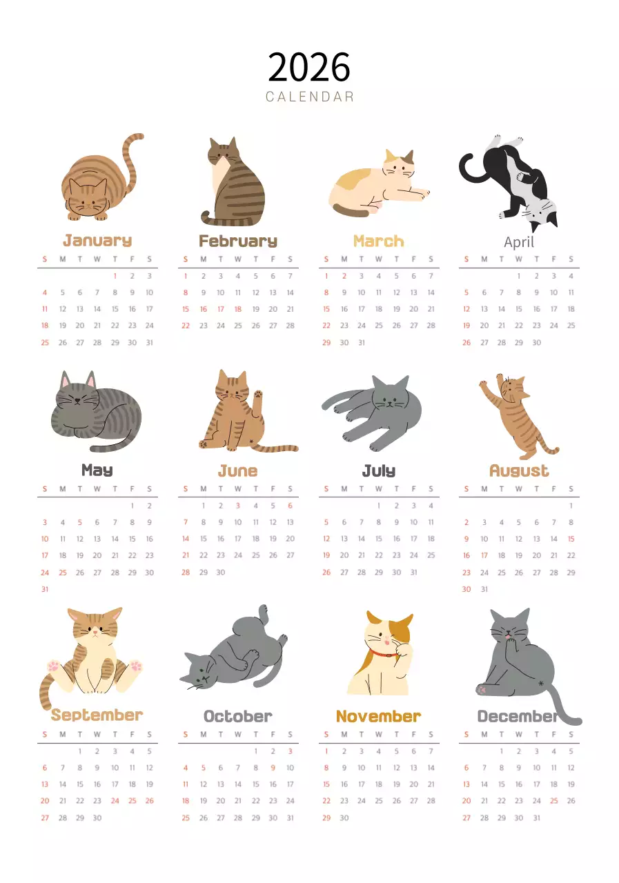 귀여운 글씨체와 고양이 일러스트 달력 