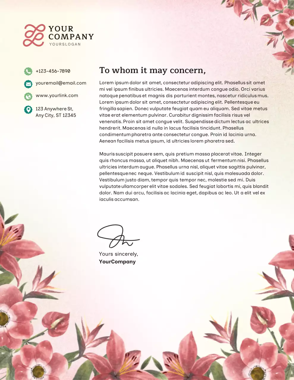 Pink Floral Business Letterhead