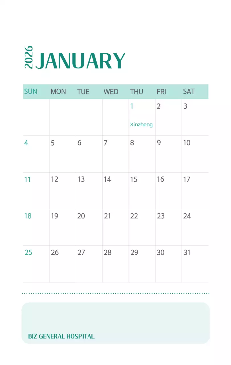 Kalender rumah sakit dengan konsep yang bersih dan penuh warna