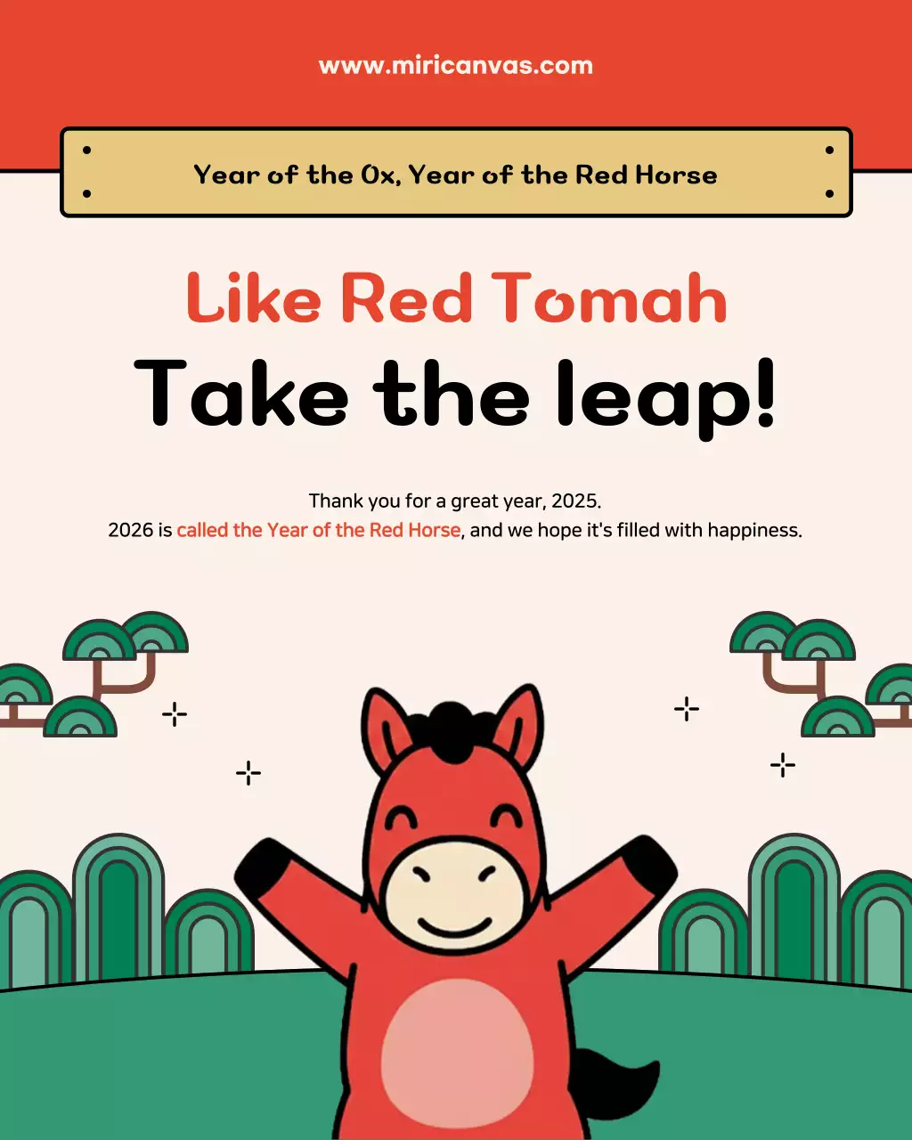 Cute New Year's greetings from the red horse character