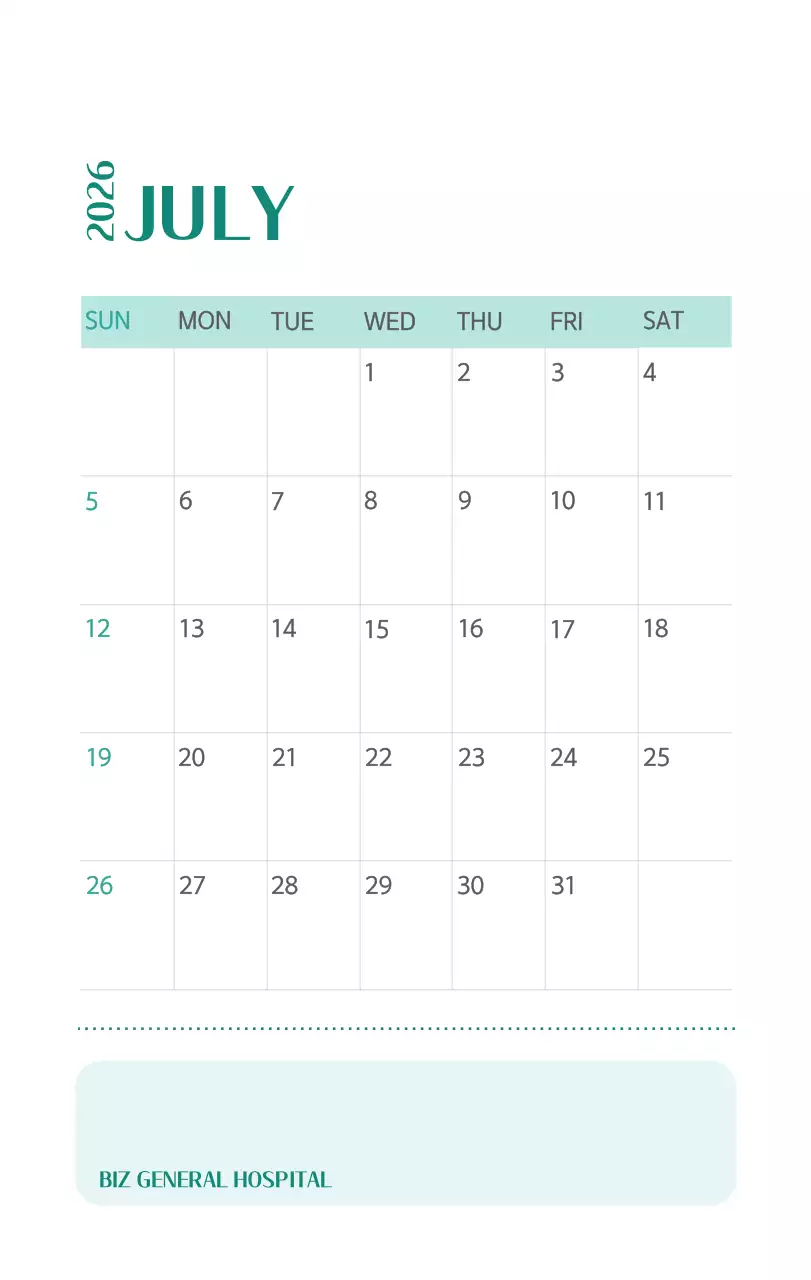 Kalender rumah sakit dengan konsep yang bersih dan penuh warna