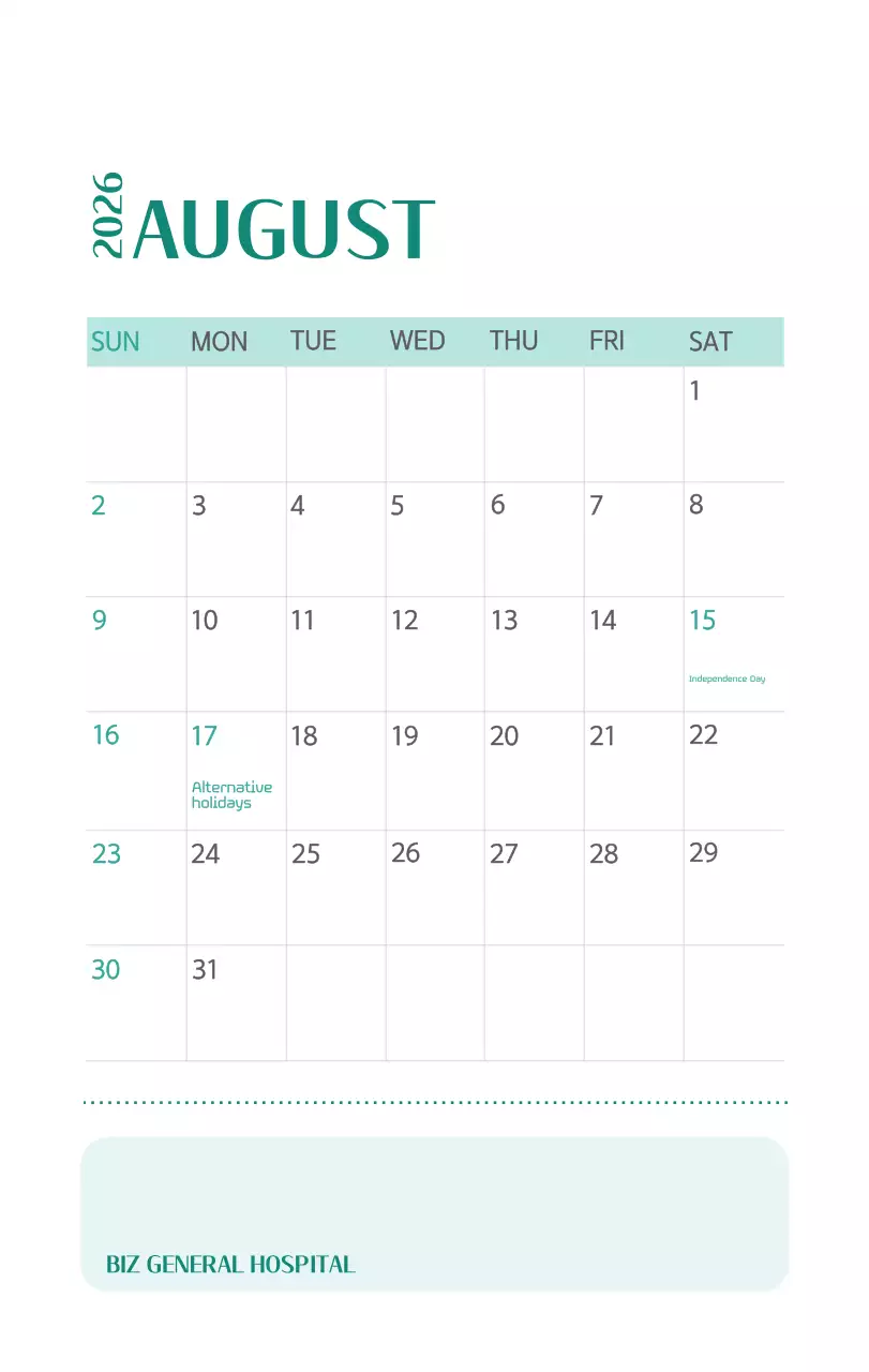 Kalender rumah sakit dengan konsep yang bersih dan penuh warna