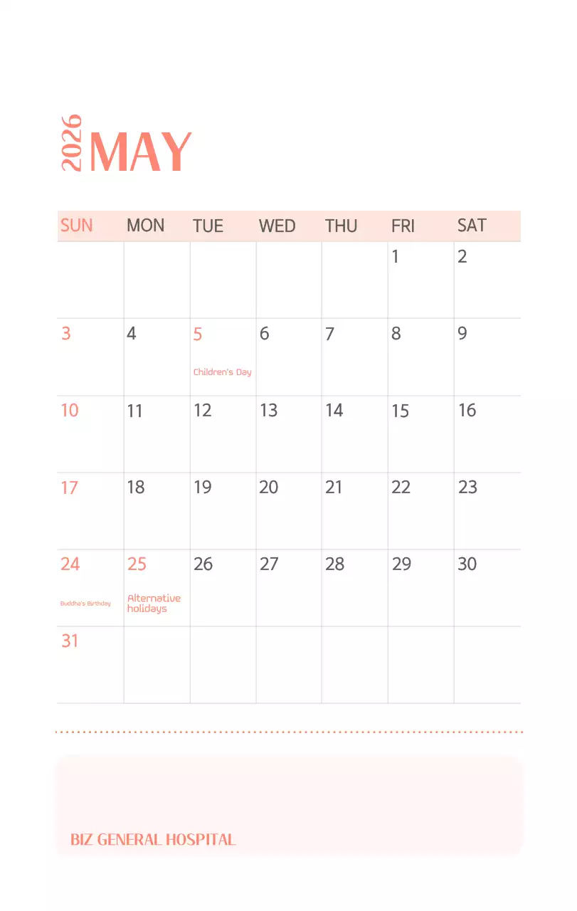 Kalender rumah sakit dengan konsep yang bersih dan penuh warna