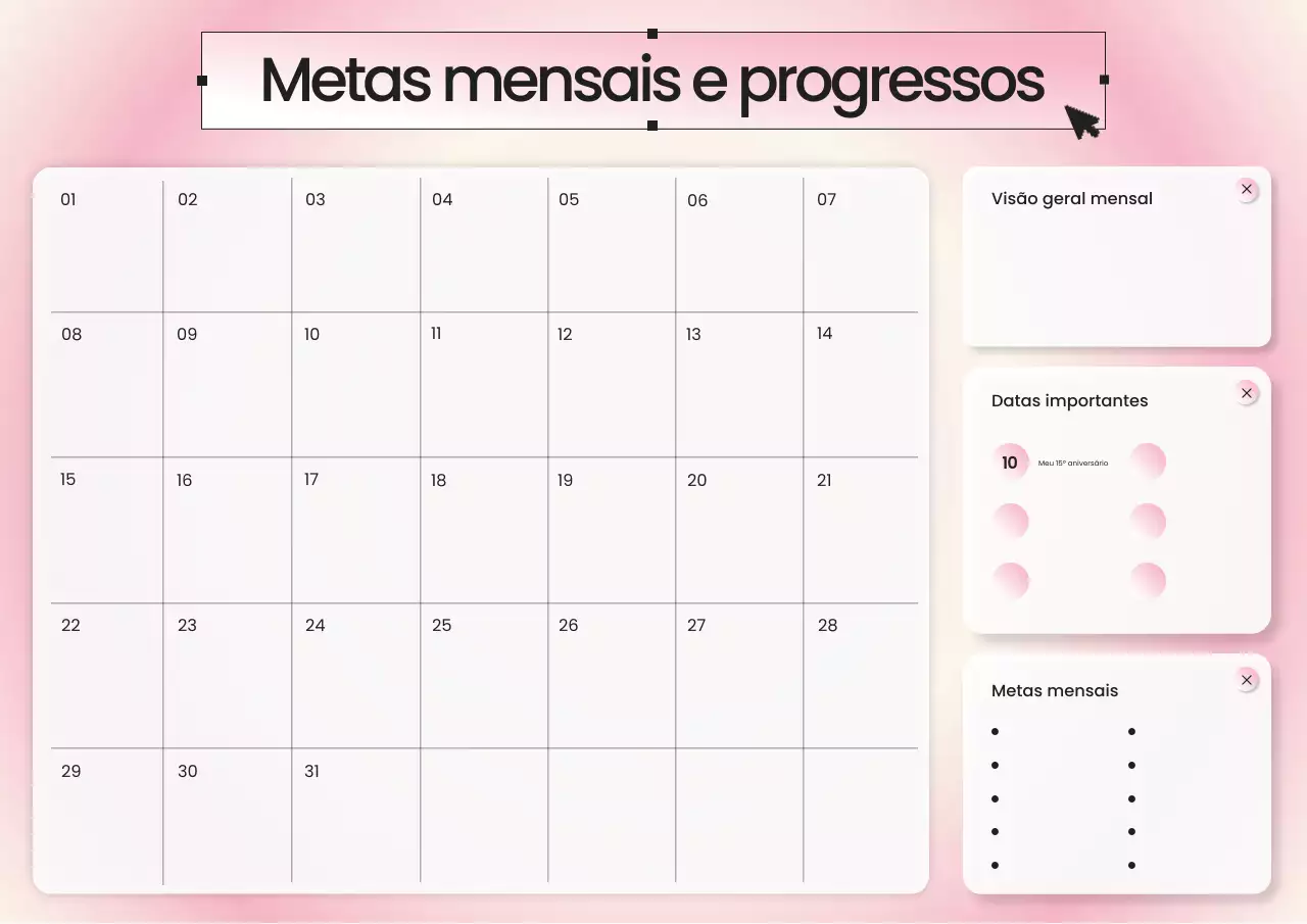 Pôster de planejador mensal com gradiente rosa e branco