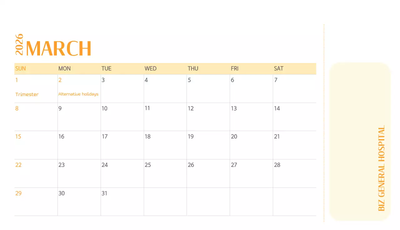 Kalender rumah sakit dengan konsep yang bersih dan penuh warna