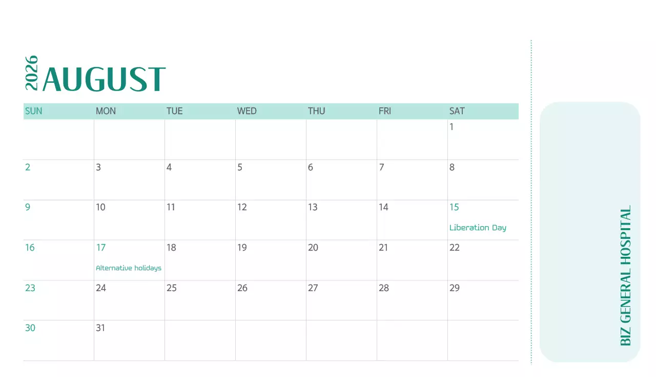 Kalender rumah sakit dengan konsep yang bersih dan penuh warna