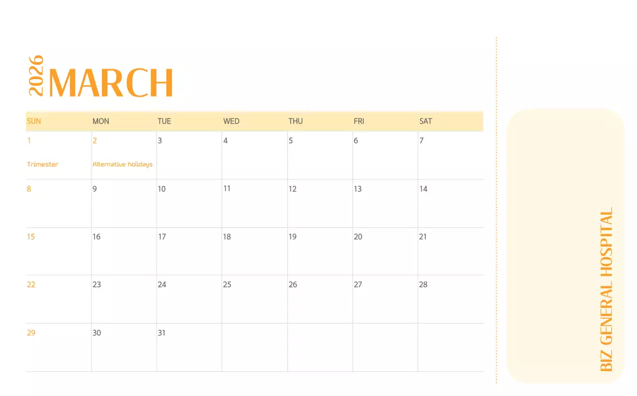 Kalender rumah sakit dengan konsep yang bersih dan penuh warna