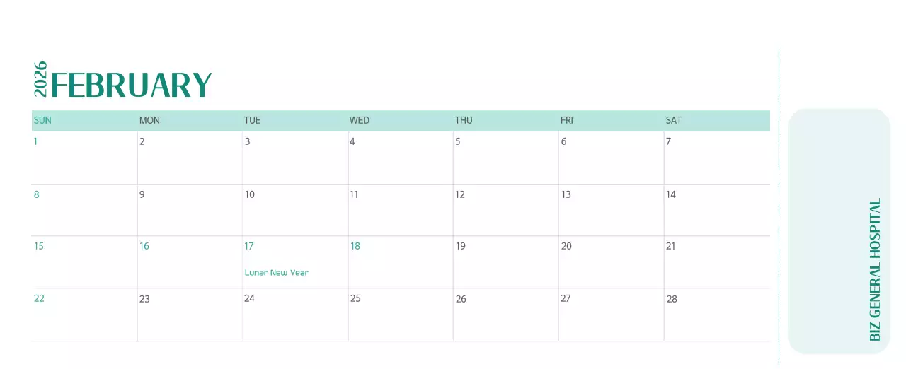 Kalender rumah sakit dengan konsep yang bersih dan penuh warna