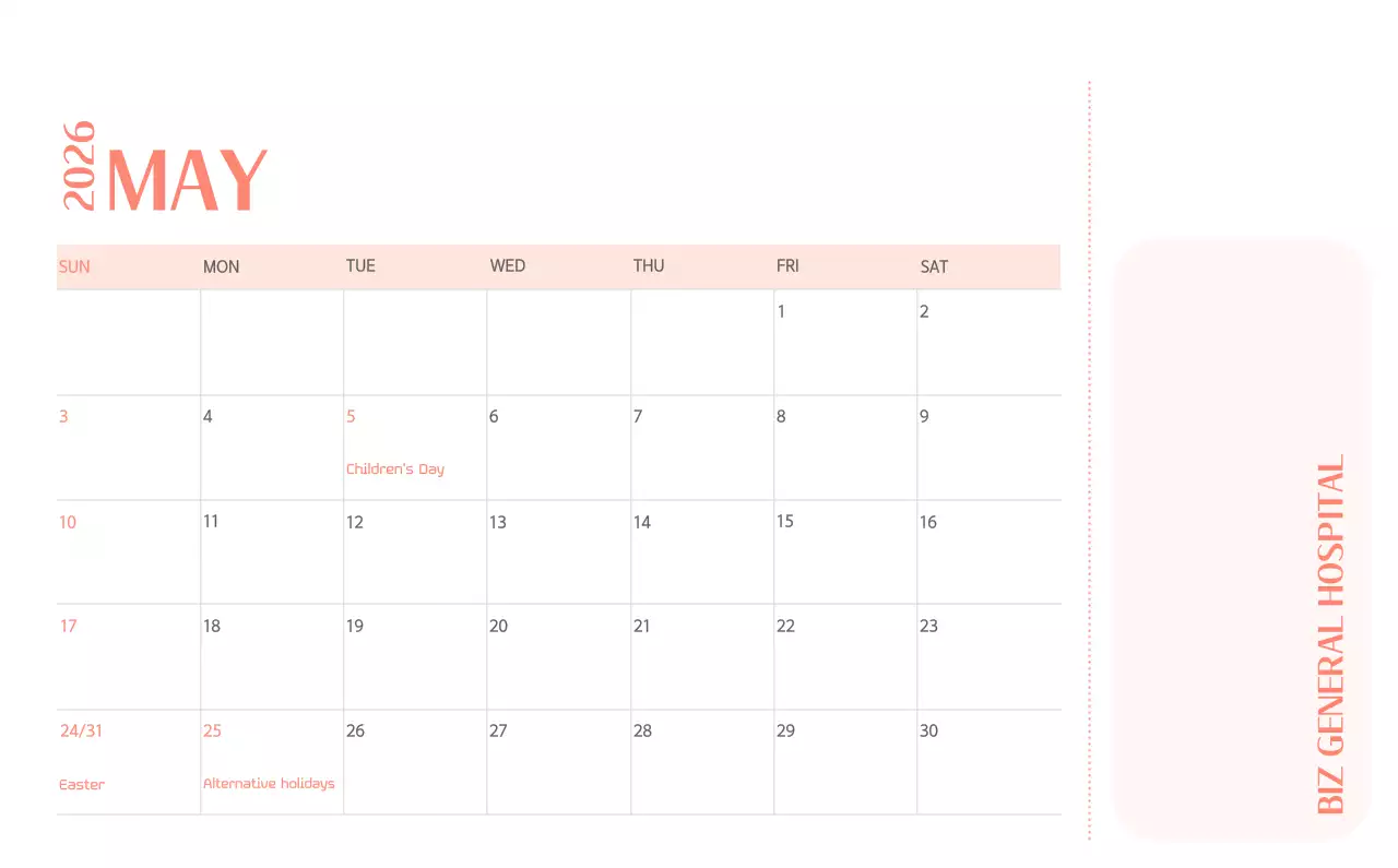Kalender rumah sakit dengan konsep yang bersih dan penuh warna