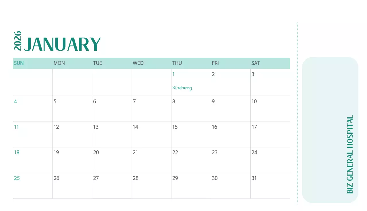 Kalender rumah sakit dengan konsep yang bersih dan penuh warna