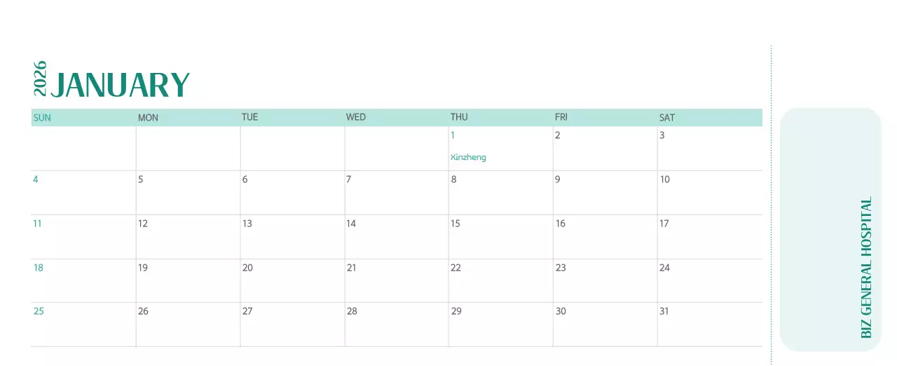 Kalender rumah sakit dengan konsep yang bersih dan penuh warna