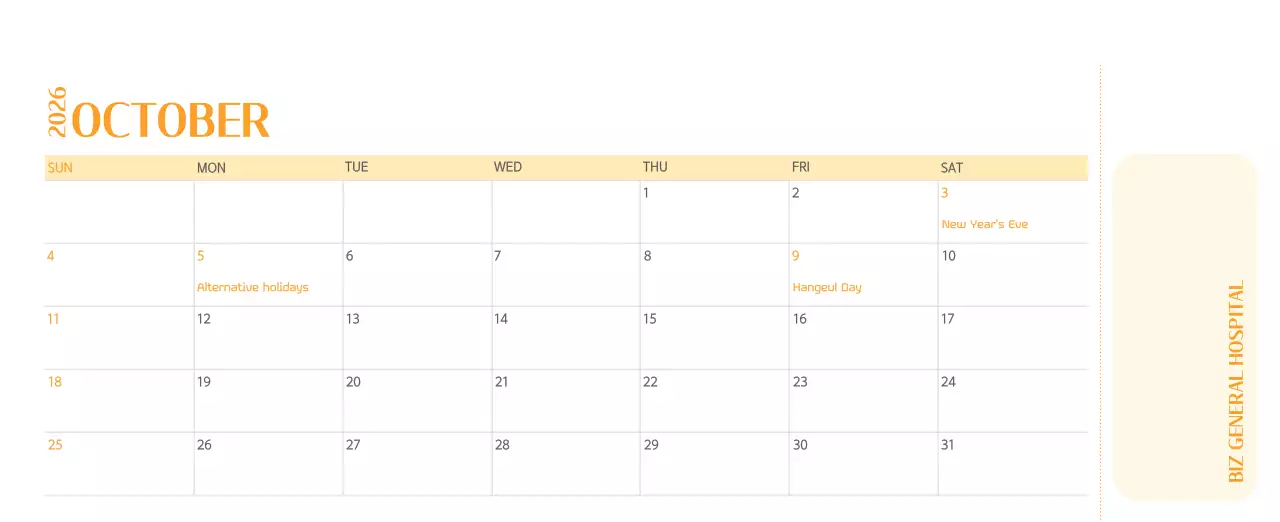 Kalender rumah sakit dengan konsep yang bersih dan penuh warna