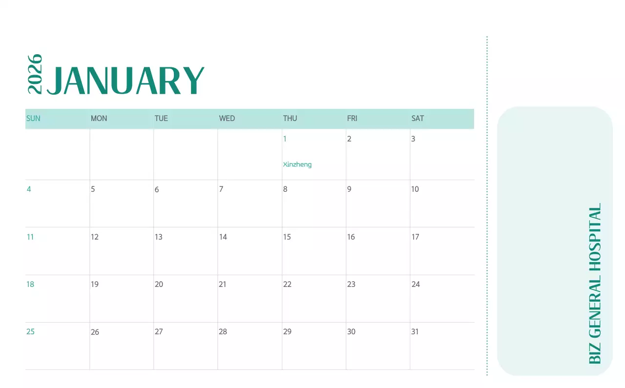 Kalender rumah sakit dengan konsep yang bersih dan penuh warna