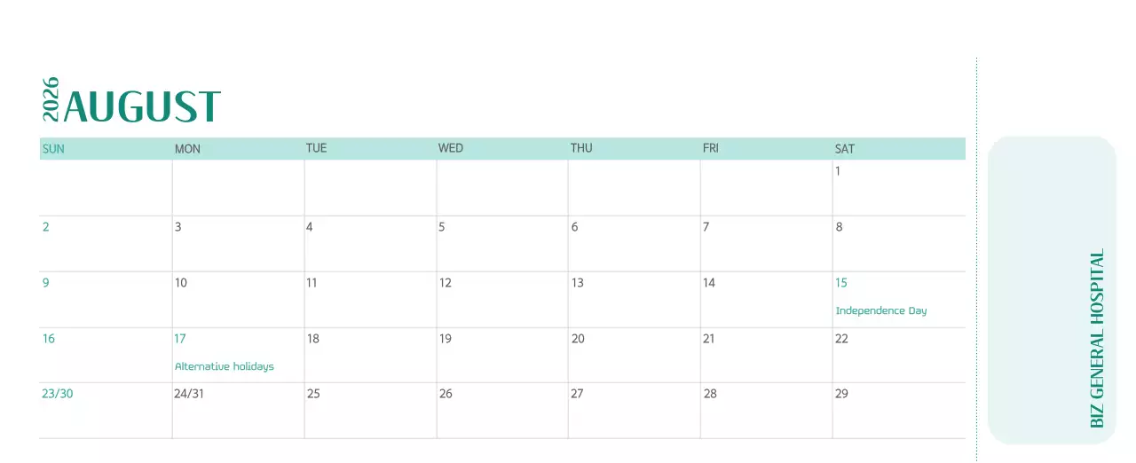 Kalender rumah sakit dengan konsep yang bersih dan penuh warna
