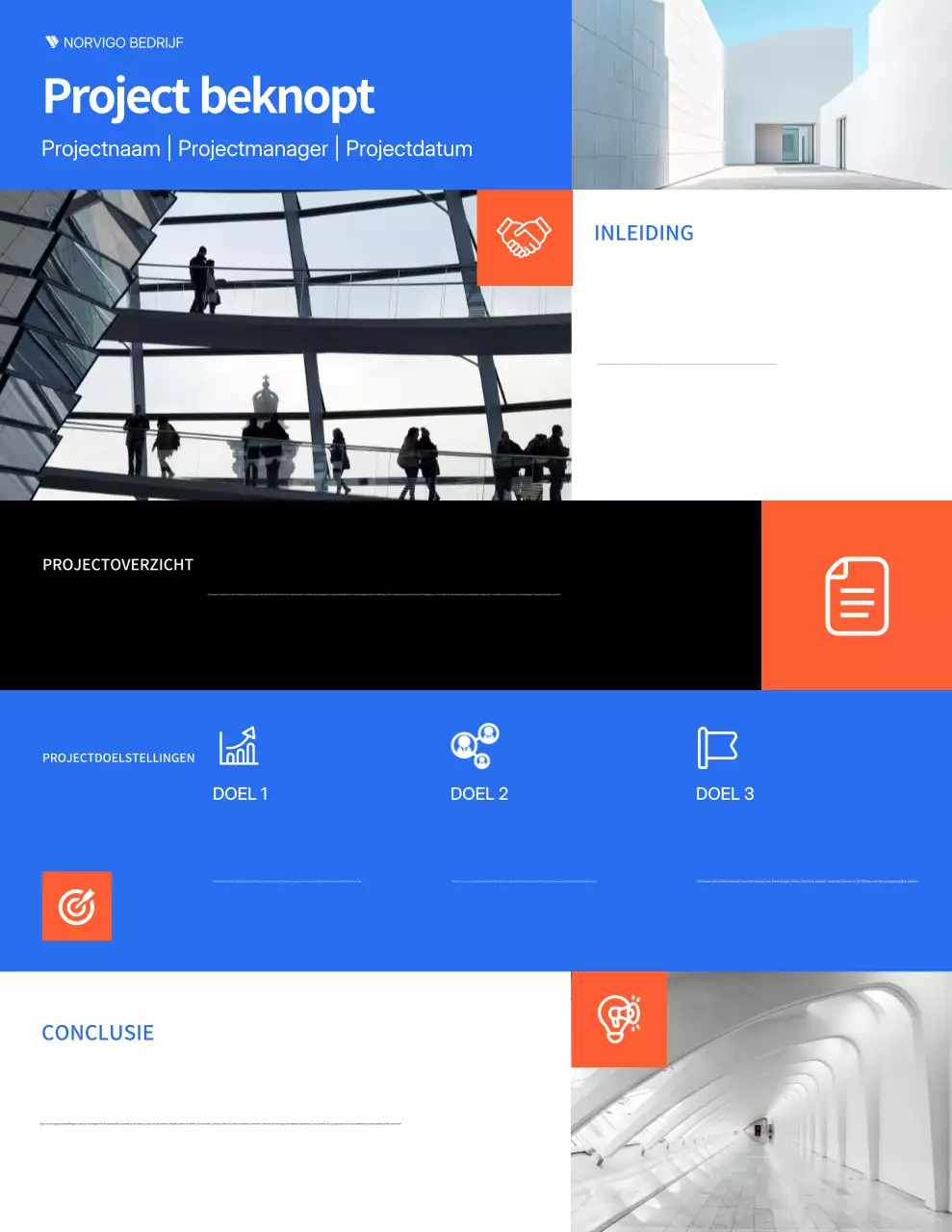 Projectbeschrijving/rapportbrief voor een modern minimalistisch project in blauw en zwart