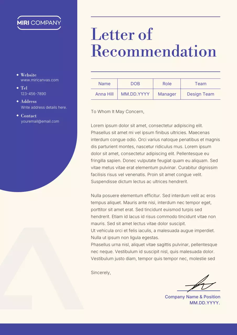 Blue Professional Recommendation Letter