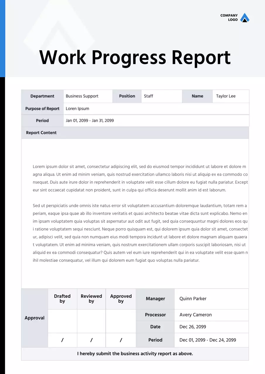 blue professional work report document