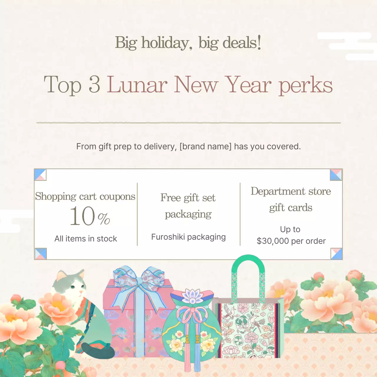 Uma coleção de promoções tradicionais de Ano Novo em tons de bege.