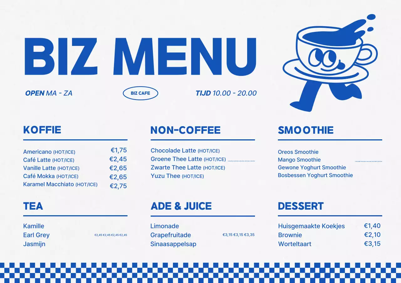 Blauw Eenvoudig Café Menu