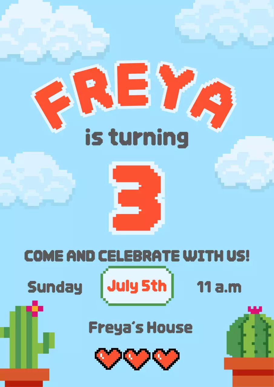 Blue pixel art birthday celebration