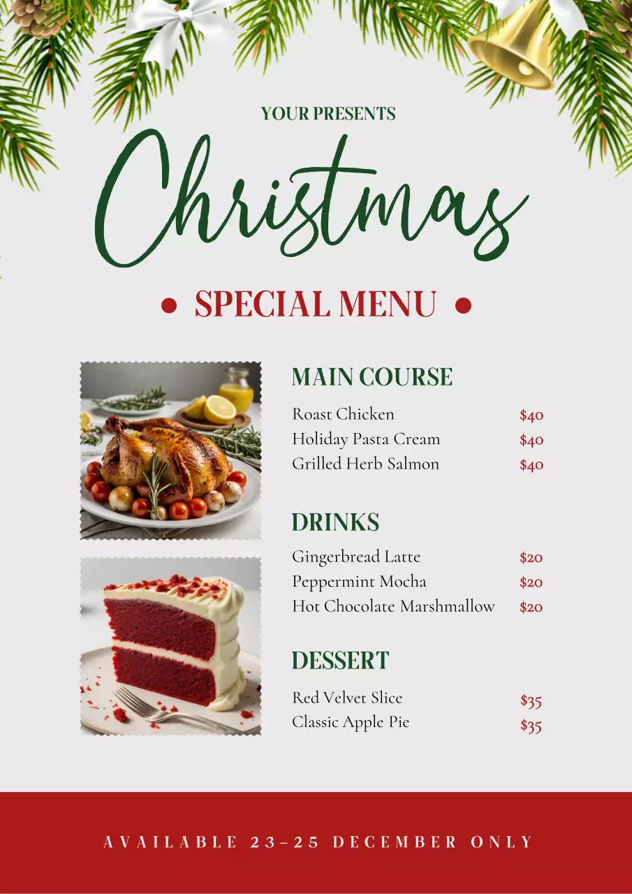 Green Christmas Festive Restaurant Menu