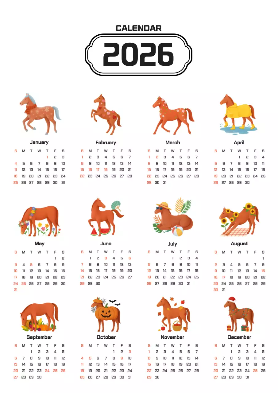 주황 심플 2026년 달력 캘린더