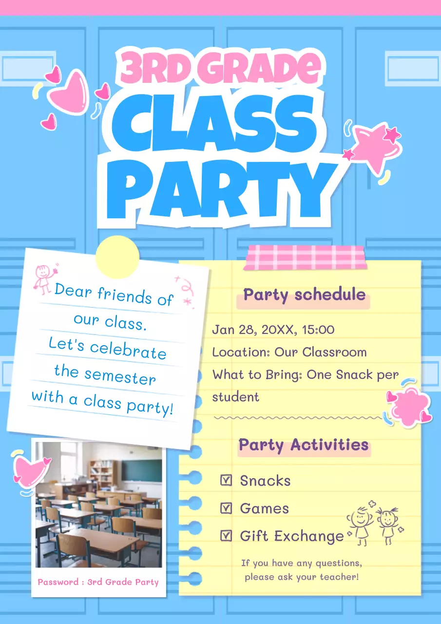 Thư mời lớp học vui nhộn màu xanh dương