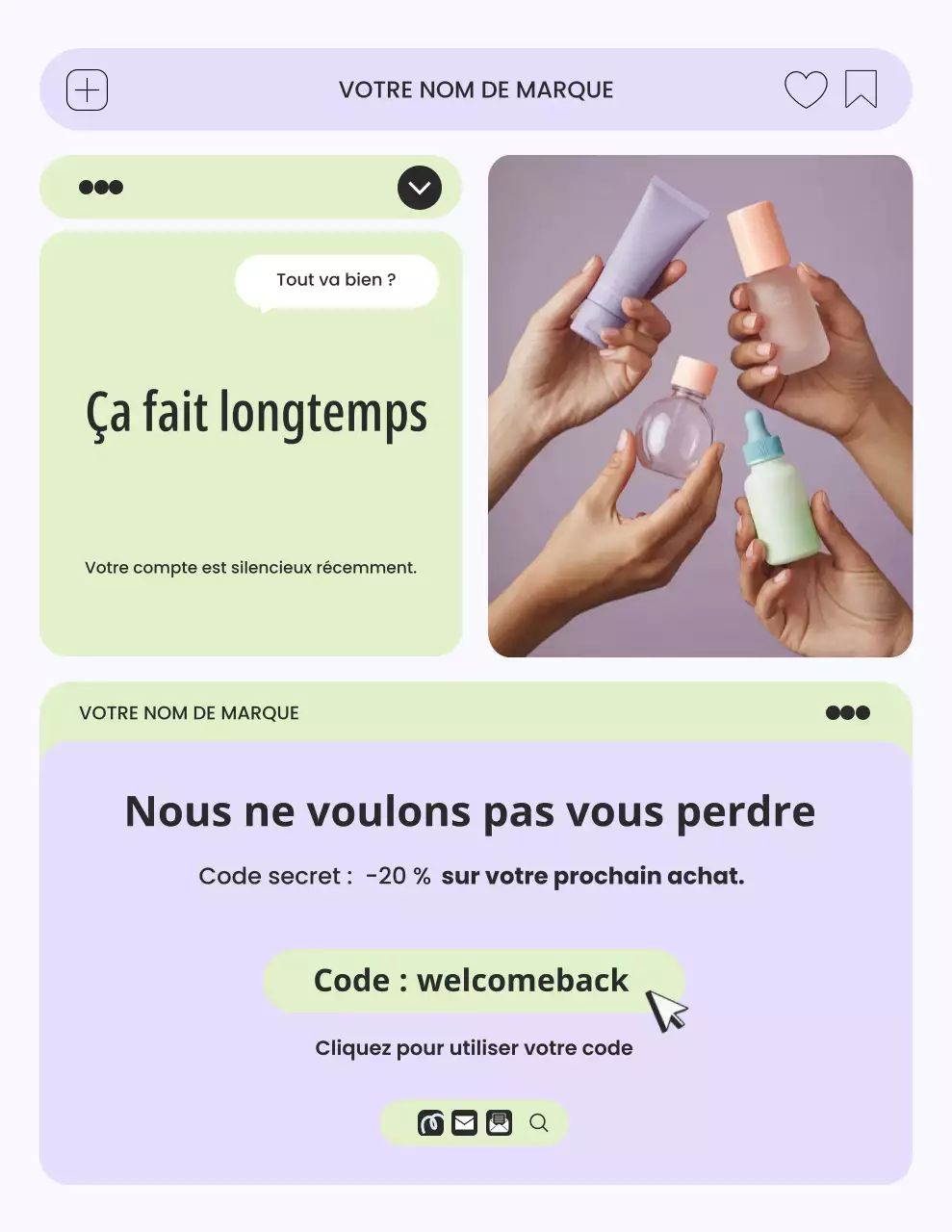 Lettre de rappel pour la campagne de soins de la peau avec interface utilisateur minimaliste violette et verte
