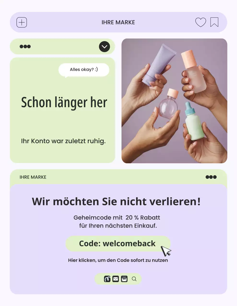 Kampagnenbrief zur Hautpflegeerinnerung in Lila und Grün mit minimalistischer Benutzeroberfläche