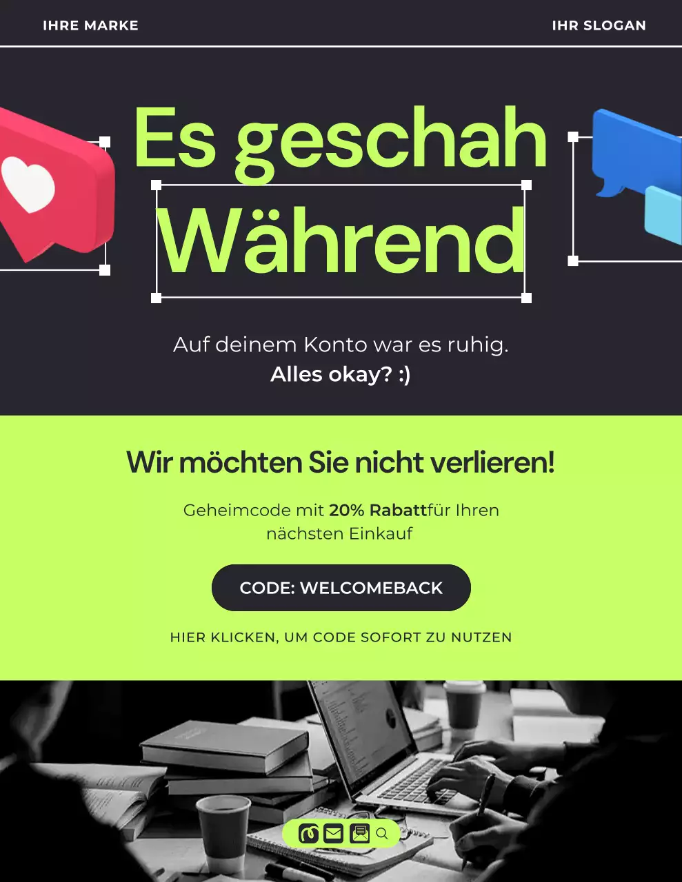 Kampagnenbrief in Grün und Schwarz mit auffälligem 3D-Design