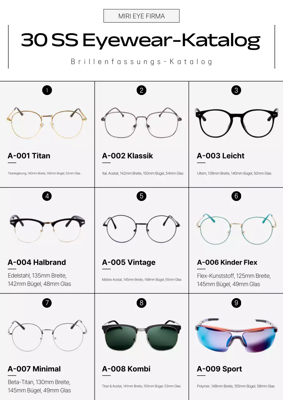 Katalog für moderne schwarze Brillen