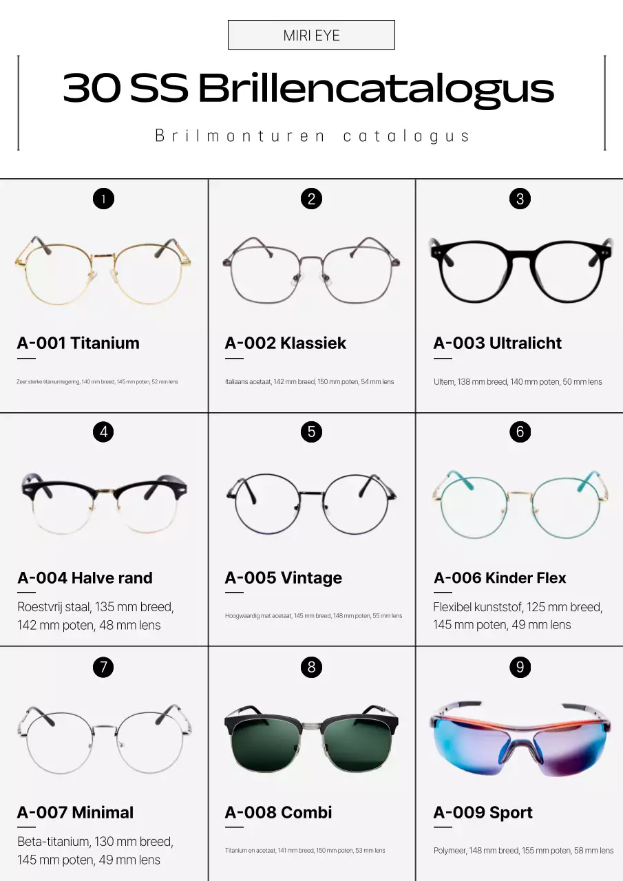 Catalogus met moderne zwarte brillen